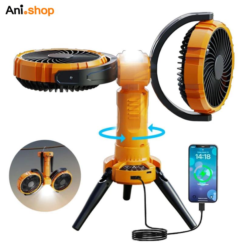 پنکه شارژی چندکاره مدل Double Head Camping Fan with LED Light F7300