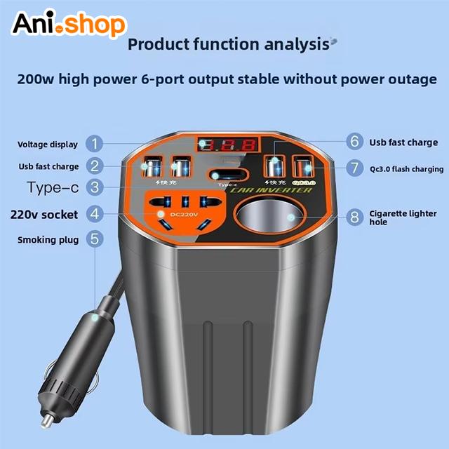 مبدل خودرو ۲۰۰ وات ۱۲-۲۴ ولت با شارژر سریع، ۴ پورت USB-A و Type-C، خروجی ۲۲۰ ولت، چراغ نشانگر LED، تبدیل فندکی یونیورسال - تصویر 4